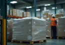Operatore in magazzino che sostituisce una bobina di film estensibile finita troppo presto accanto a un pallet già avvolto