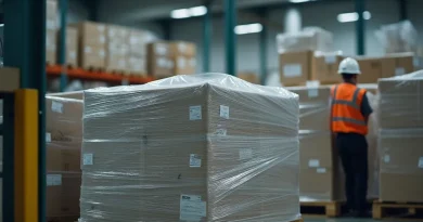 Operatore in magazzino che sostituisce una bobina di film estensibile finita troppo presto accanto a un pallet già avvolto