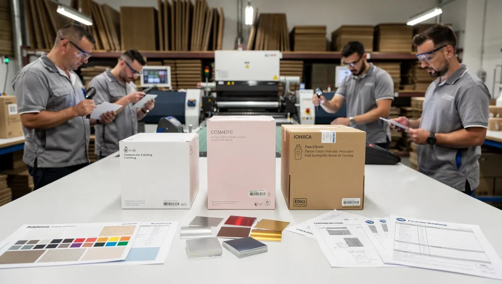 Banco di lavoro in una cartotecnica con tre confezioni diverse: astuccio farmaceutico, scatola cosmetica e pack per food-contact in controllo qualità