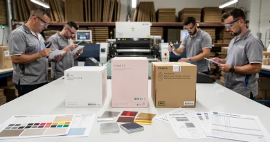 Banco di lavoro in una cartotecnica con tre confezioni diverse: astuccio farmaceutico, scatola cosmetica e pack per food-contact in controllo qualità