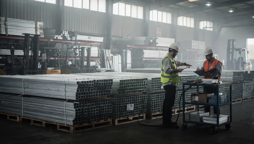 Controllo documentale di bancali di profili e semilavorati in alluminio in un magazzino doganale