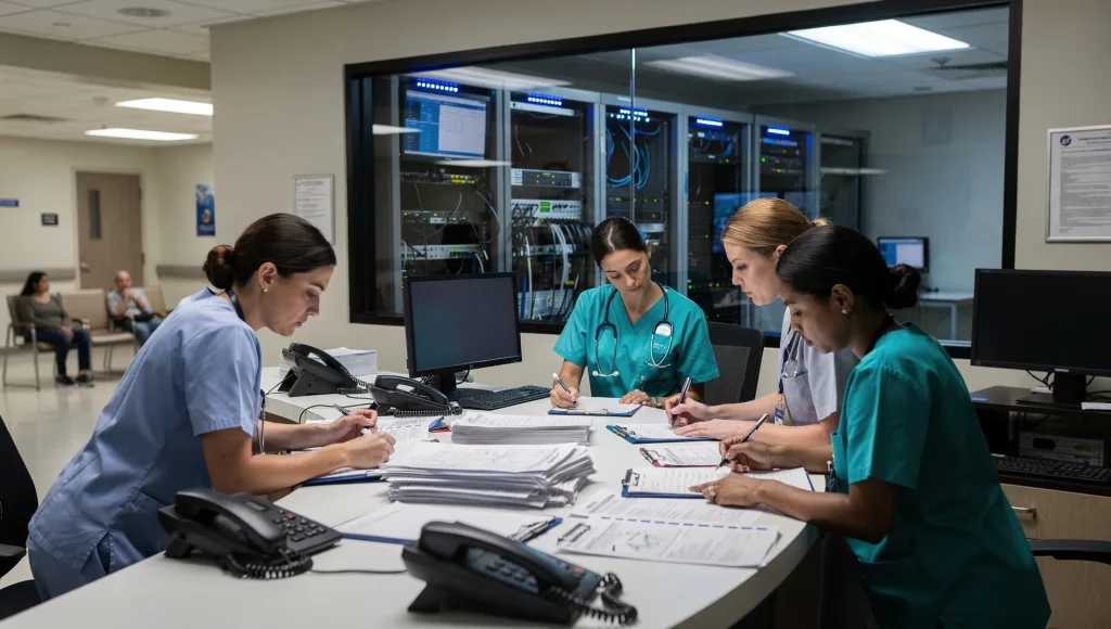 Banco accettazioni ospedaliero durante un guasto informatico con operatori al lavoro su moduli cartacei e server sullo sfondo