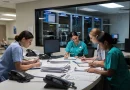 Banco accettazioni ospedaliero durante un guasto informatico con operatori al lavoro su moduli cartacei e server sullo sfondo