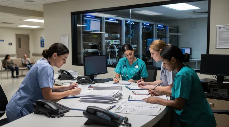 Banco accettazioni ospedaliero durante un guasto informatico con operatori al lavoro su moduli cartacei e server sullo sfondo